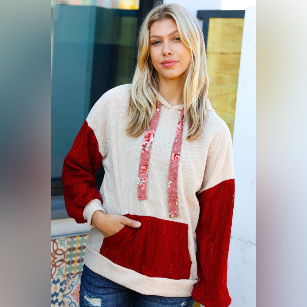 Color Block Textured Sweater Top Hoodie, Red Lace Details, Floral Drawstring - Picture 7 of 7